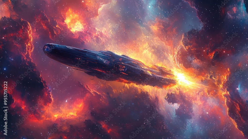 Poster an ethereal image of a ship navigating through a hyper-space field with glowing energy patterns. ple