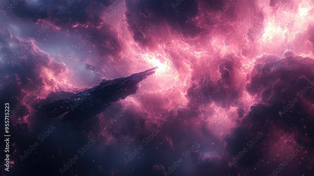 Poster an ethereal image of a ship navigating through a hyper-space field with glowing energy patterns. ple