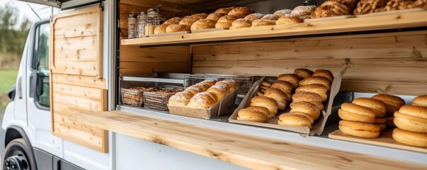 Mobile bakery truck with rustic farmhouse decor, warm wood, set in a countryside setting
