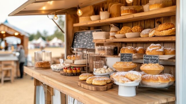 Mobile bakery truck with rustic barn decor, warm wood, set in a country fair environment