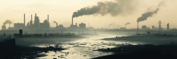 Naklejka premium A thick layer of smog engulfs a cityscape, featuring silhouettes of factories and a river choked with floating plastic debris. Generative AI