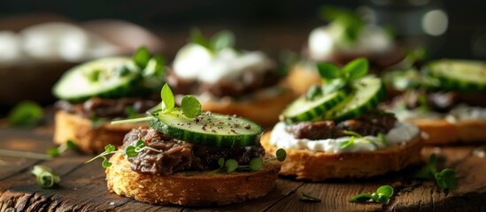 Bruschetta Rusks With Liver Pate And Salty Canned Cucumbers And Horseradish Sauce Selective Focus