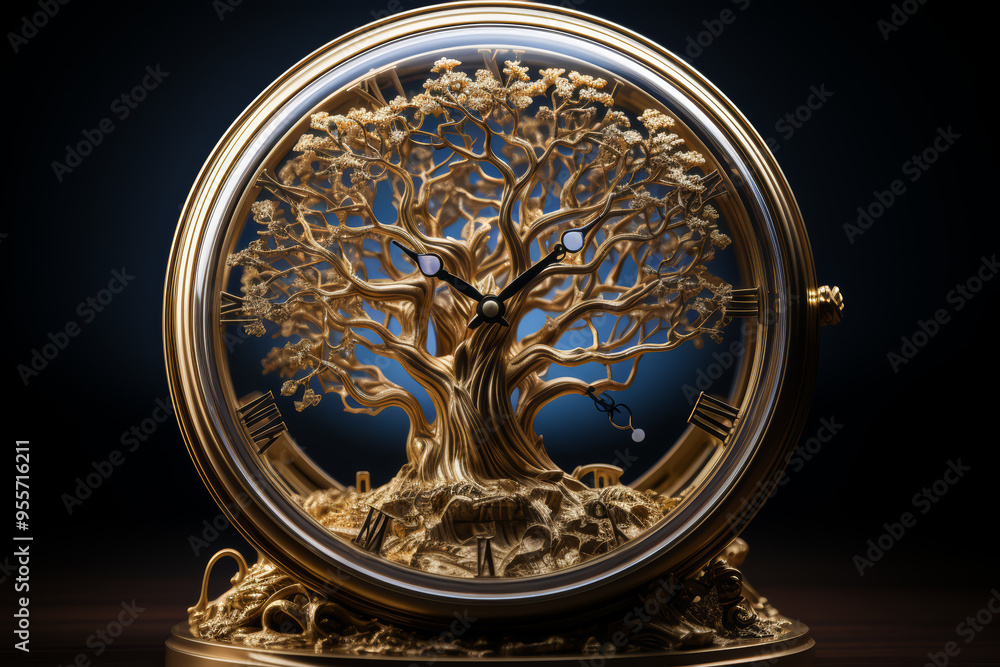 Poster a tree with roots entangled in a clock. concept of time and nature intertwined. generative ai.