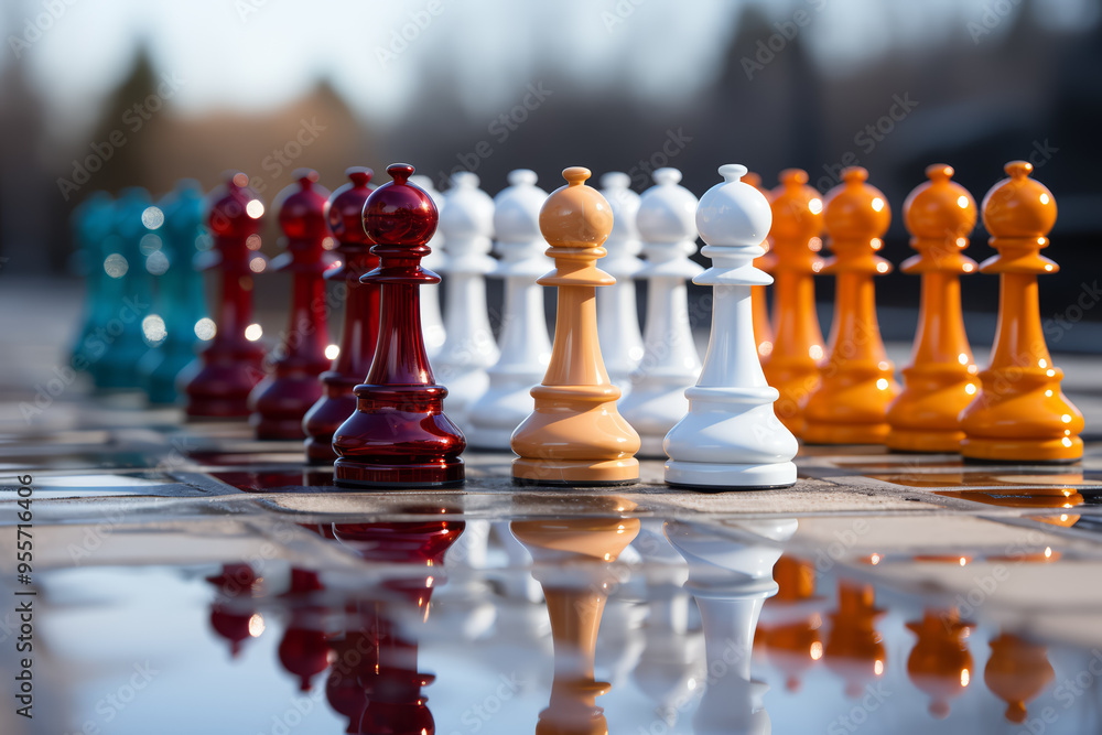Poster a chessboard with pieces of diverse sizes and shapes. concept of diversity and strategy. generative 