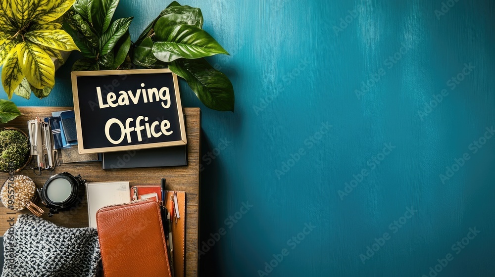 Poster an office desk with personal items packed up and a 