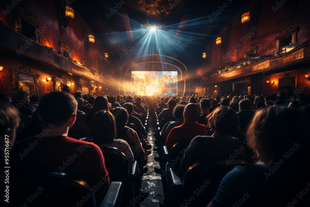 Poster a crowded theater with people watching a play. concept of shared experiences and art. generative ai.