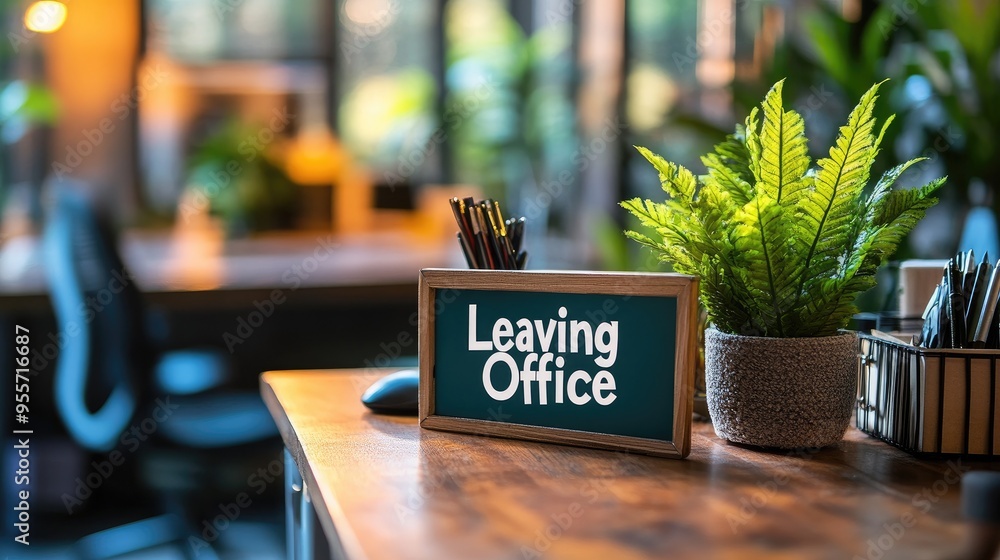 Poster an office desk with personal items packed up and a 