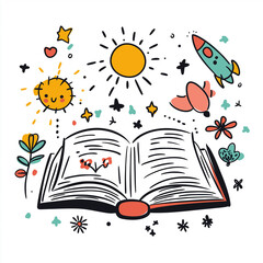 Educational illustration of book with doodles around