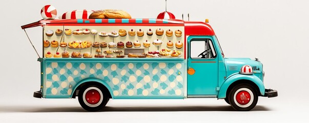 Mobile bakery truck with vintage circus patterns, colorful and playful, serving whimsical pastries