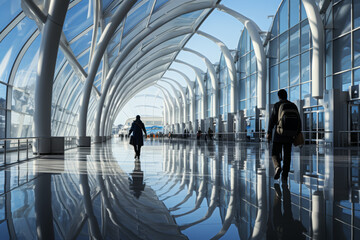 A busy airport with travelers moving about. Concept of travel and exploration. Generative Ai.