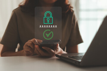 Person using smartphone with secure login, data protection concept. Personal online cyberspace...