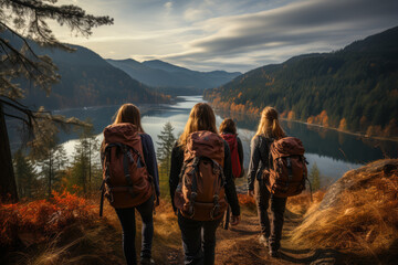 Obraz premium Friends hiking on a scenic trail. Concept of adventure and nature. Generative Ai.