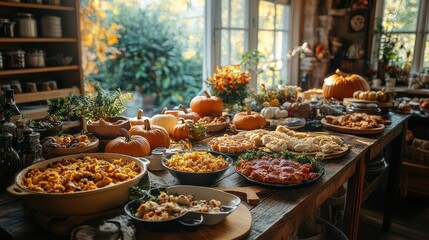 Fototapeta premium rustic wooden table with array of festive pumpkin dishes warm autumn colors cozy kitchen setting with soft lighting