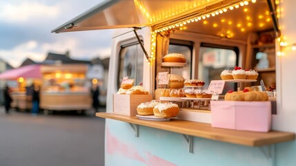 Mobile bakery truck with warm, vintage decor, soft lighting, set in a nostalgic town setting