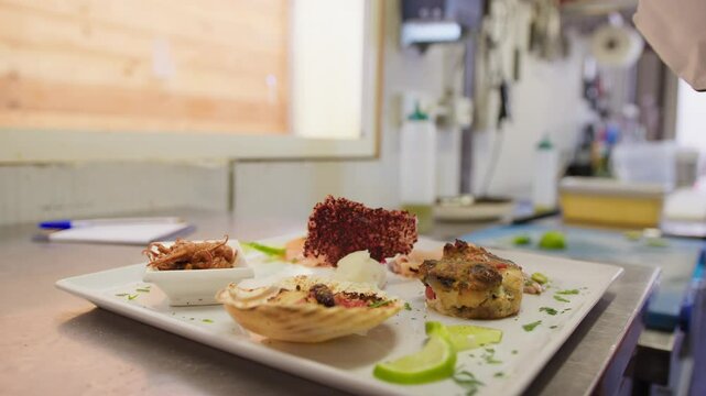 Plating Of A Raw And Cooked Fish Based Appetizer In A Luxury Italian Kitchen