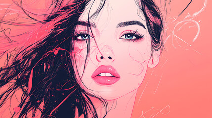 Fototapeta premium Anime style portrait of a beautiful woman with flowing dark hair, pink aesthetic digital art illustration, feminine manga character design