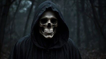 Scary portrait of horrifying Reaper with skeleton face, spooky dark black model and black hood, halloween and death related	