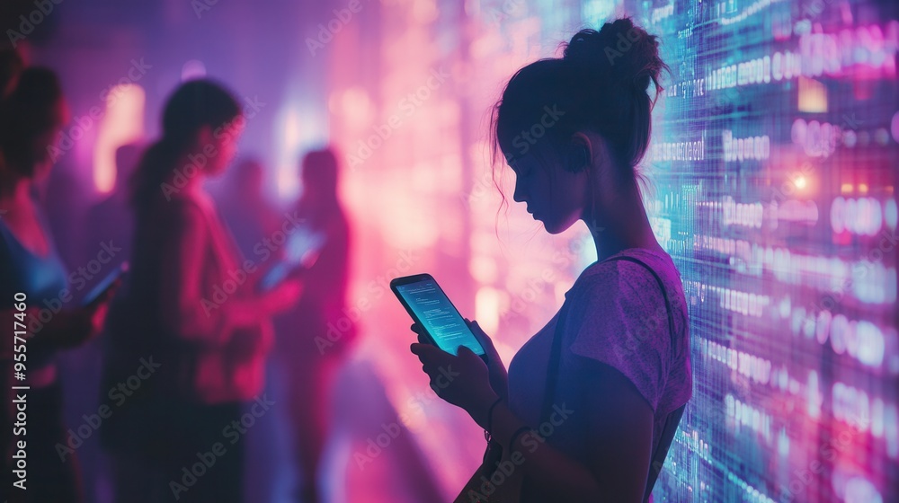 Aufkleber individuals are deeply focused on their smartphones, surrounded by luminous digital numbers and a se