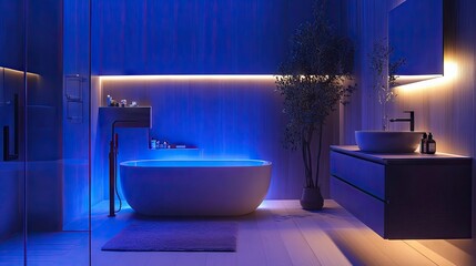 A modern bathroom with nighttime lighting, highlighting the shower, bathtub, mirror, and washstand in a minimalist design.