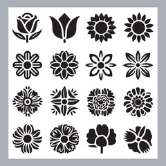 Set of logotype icons flowers Rose, Tulip, Orchid, Sunflower, Lily, Daisy, Daffodil, Jasmine, Lavender, Marigold, Peony, Chrysanthemum, Hibiscus, Poppy, Violet silhouettes in white background