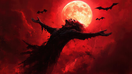 A chilling image of a vampire standing with outstretched arms, bathed in the sinister glow of a blood moon, surrounded by flying bats.