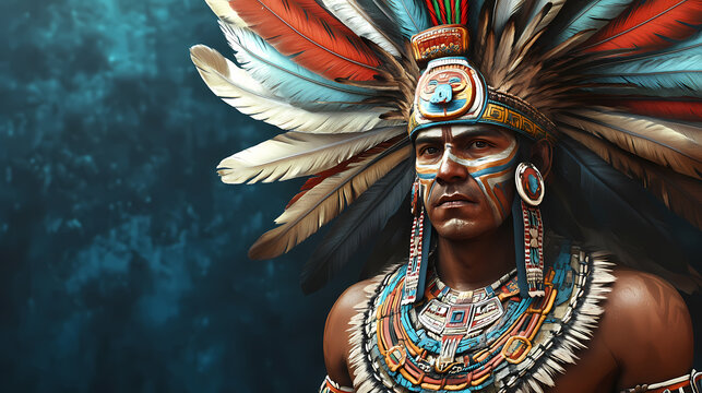 3d illustration of aztec man warrior with crown of feathers. Warrior. Illustration