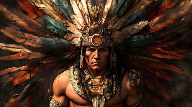 3d illustration of aztec man warrior with crown of feathers. Warrior. Illustration