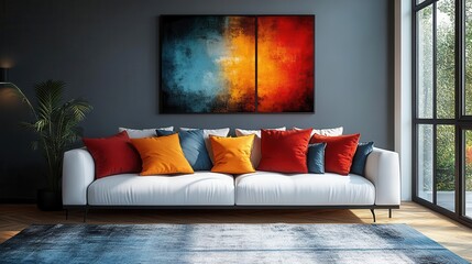 scandinavianinspired living space with white sofa adorned by vibrant pillows abstract art poster adds personality to crisp airy interior