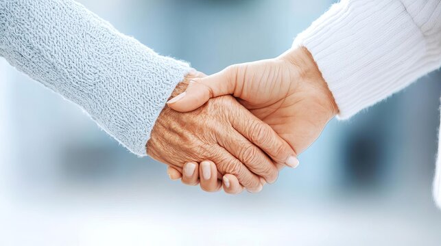 Elderly woman holding her caregiver s hand, close-up shot, showing compassion and trust in caregiving