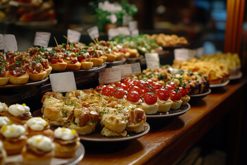 Fototapeta premium Savoring delectable tapas at a charming bar in San Sebastian during a lively evening with friends