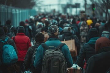 A large group of refugees carries suitcases and backpacks while navigating a congested border crossing, reflecting hope and struggle. Generative AI