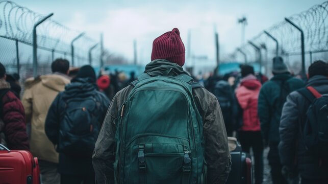 Refugees gather at a border, carrying suitcases and backpacks, facing challenges while seeking safety and a brighter future. Generative AI