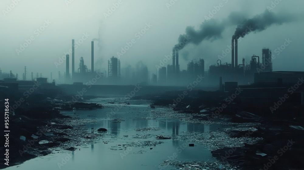 Poster a modern metropolis is engulfed in thick smog, with factory silhouettes on the horizon and a river c
