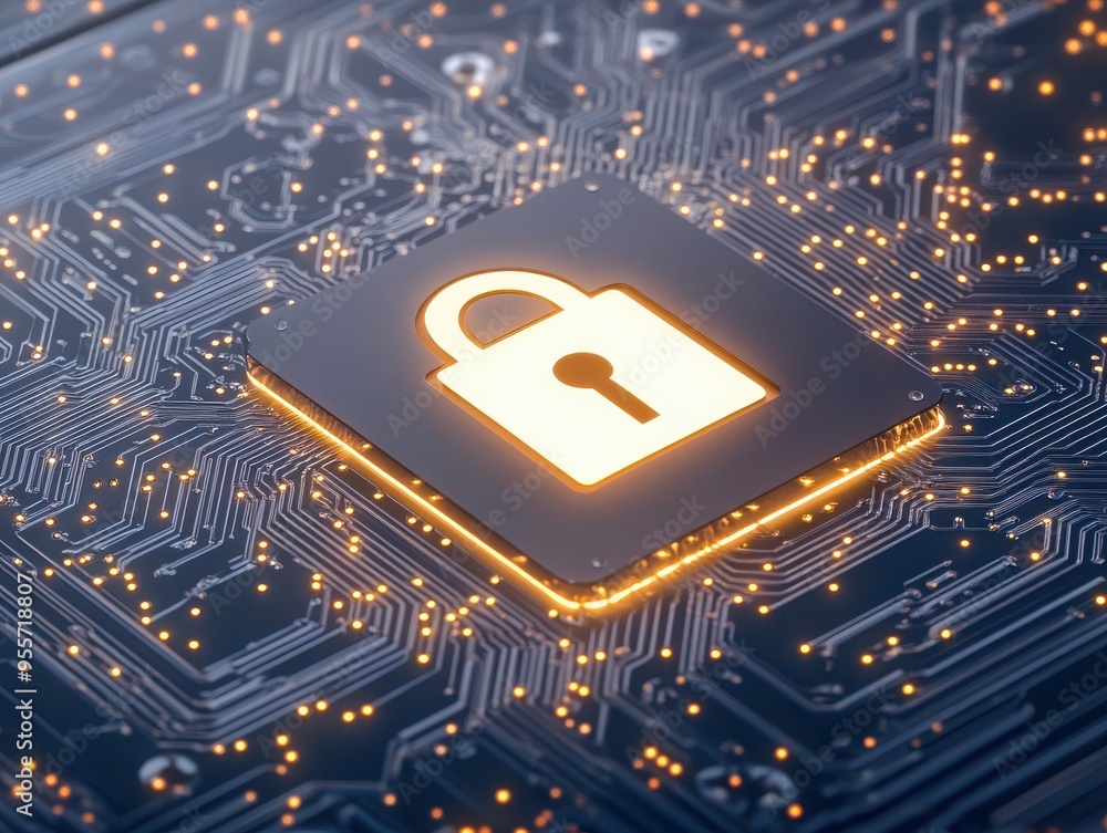 Poster digital lock icon representing cybersecurity and data protection over a circuit board background. mo