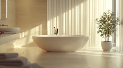 A modern minimalist bathroom with a sleek white bathtub, uncluttered surfaces, and simple, elegant decor.