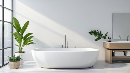 Fototapeta premium A modern minimalist bathroom with a sleek white bathtub, uncluttered surfaces, and simple, elegant decor.
