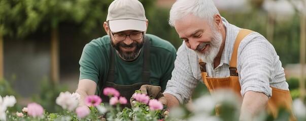 Senior man with his caregiver in a garden, planting flowers, engaging in therapeutic gardening activities