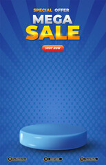 special offer mega sale discount portait template banner with blank space 3d podium for social media post product sale with abstract gradient blue background design 18