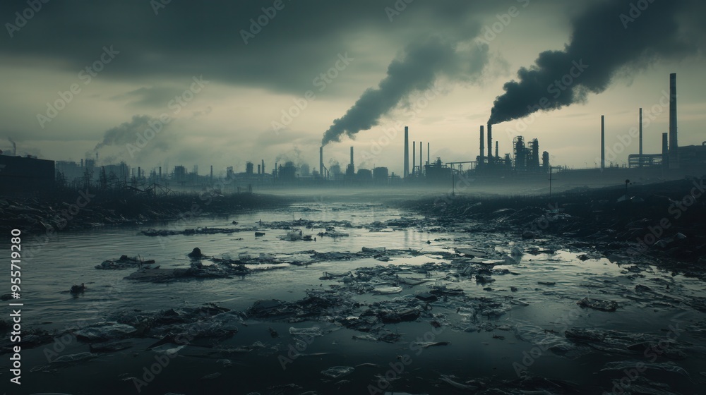 Aufkleber a thick layer of smog shrouds a bustling metropolis, where factories loom, and a river is choked wit