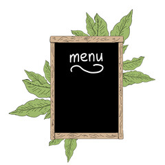 Chalkboard menu with coffee plant leaves digital composition color illustration for coffee house for printing and web: logo, business card, poster, postcard, placard, flyer
