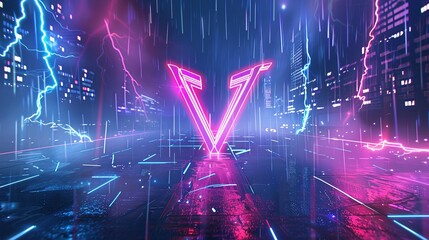 Neon Pink V Symbol in a Futuristic Cityscape with Blue Lightning