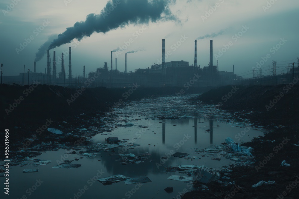 Poster A dense layer of smog envelops a cityscape, highlighting smokestacks while a river is polluted with floating plastic debris. Generative AI