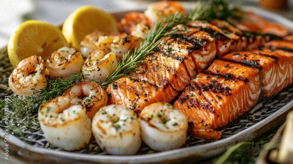 Wall mural A mouth-watering Norwegian seafood spread, with juicy grilled salmon, shrimp, and scallops, served with a side of lemon and fresh herbs.