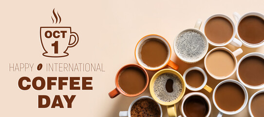 Cups of tasty coffee on light background