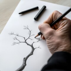 Hand Drawing a Tree Branch with Pencil on White Paper