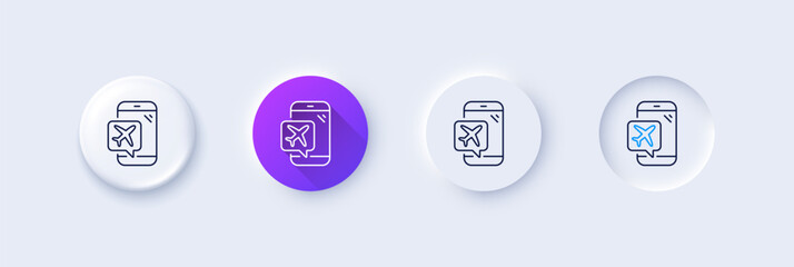 Flight mode line icon. Neumorphic, Purple gradient, 3d pin buttons. Airplane mode sign. Turn device offline symbol. Line icons. Neumorphic buttons with outline signs. Vector