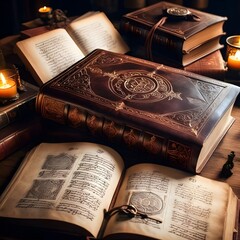 Ancient leather-bound books and candles