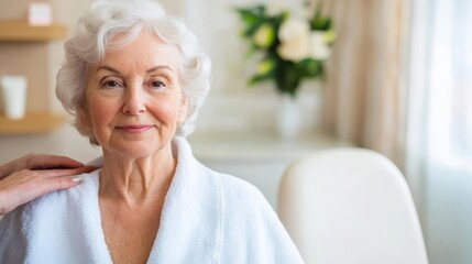 Senior woman receiving assistance with her grooming, calm and dignified care, organized setting