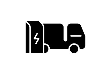 Electric truck charging in charger station icon. Electrical lorry energy charge black symbol. Eco friendly electro vehicle recharge sign. Vector battery powered EV transportation eps logotype