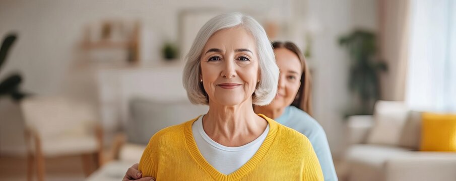 Senior woman receiving help with her daily tasks from a caregiver, bright and supportive setting